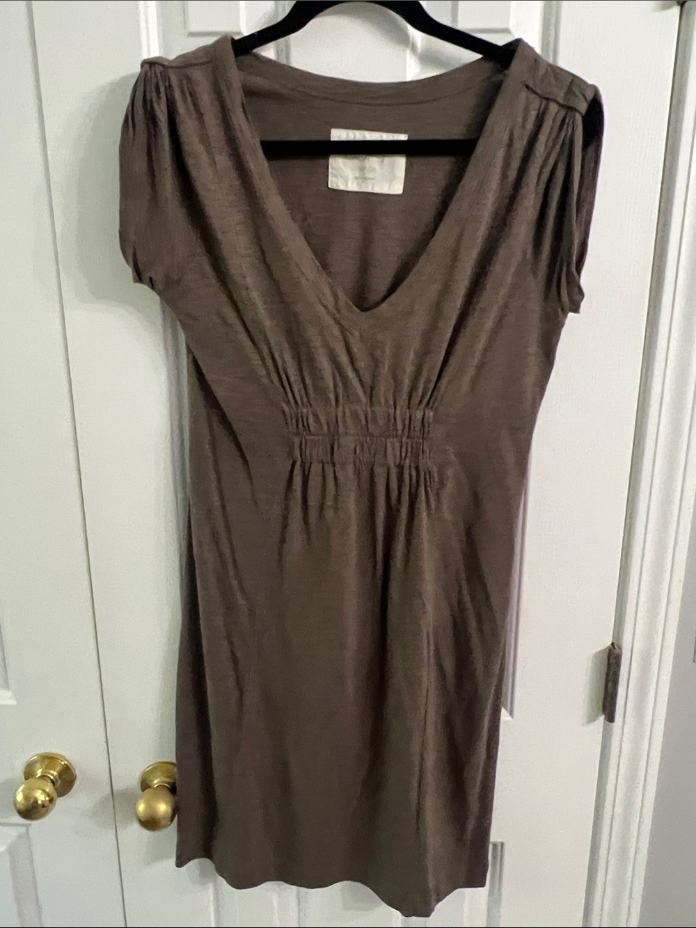 LOFT Brown V-Neck Gathered-Waist Mini Dress